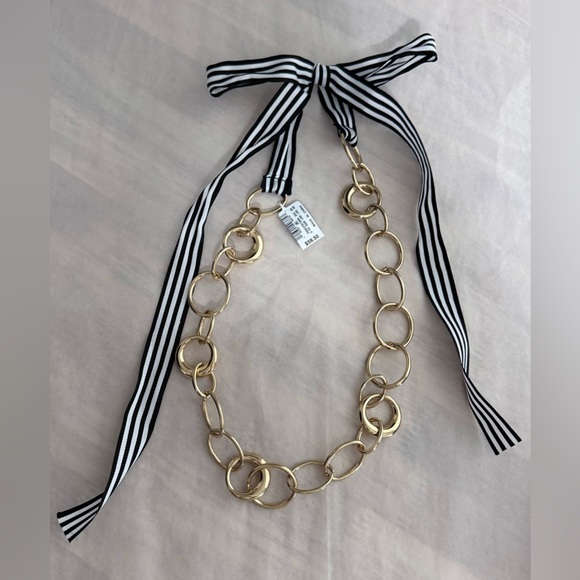 NWT Trina Turk Gold Chain Black & White Stripe Ribbon‎ Tie Necklace - Picture 1 of 5